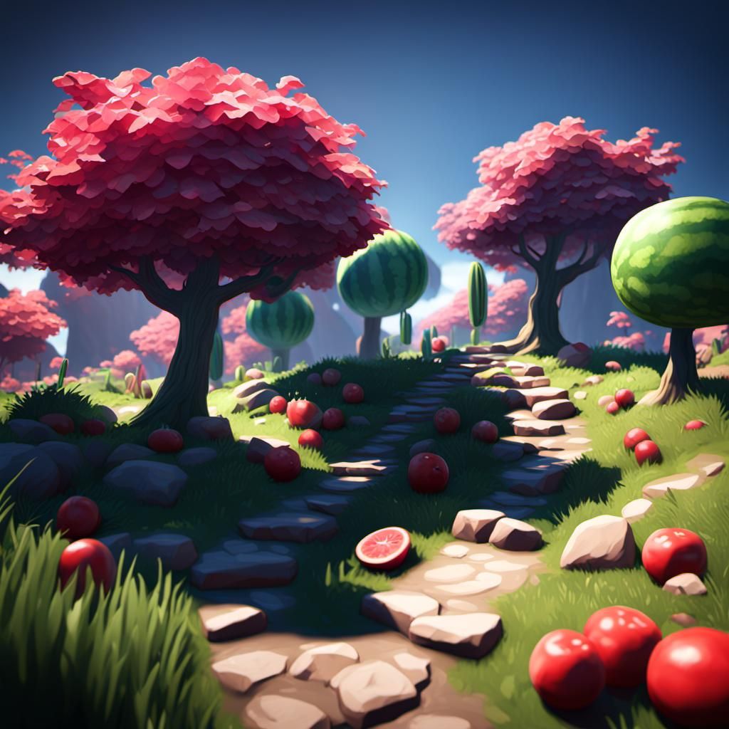 Watermelon Landscape: Crafted 3D Art