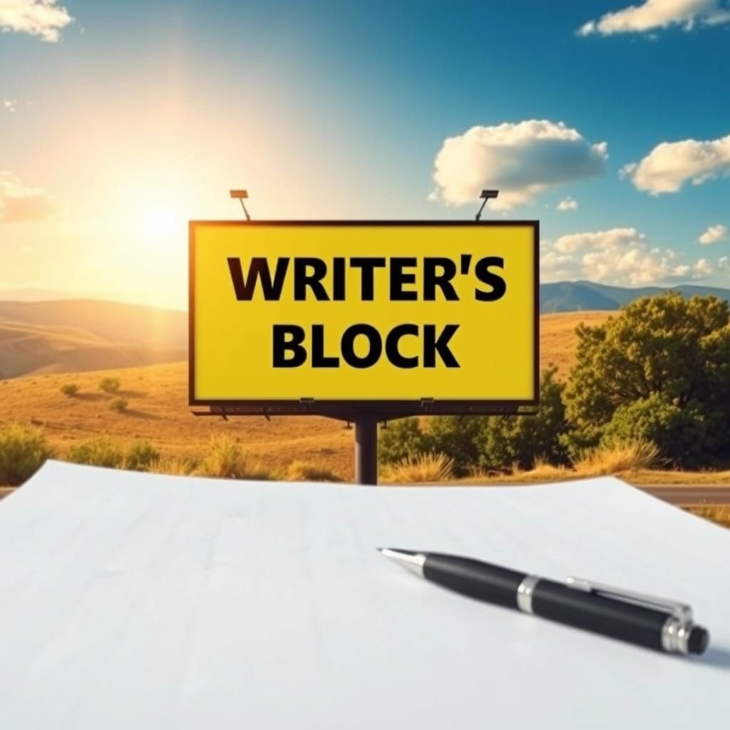 Writer's Block Billboard in a Surreal Landscape