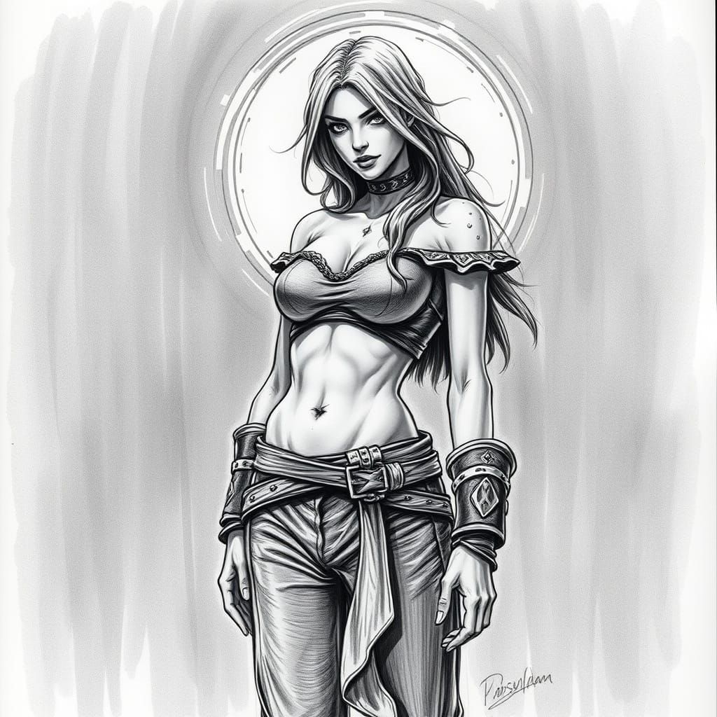 Grimdark Fantasy Woman in Suede Trousers