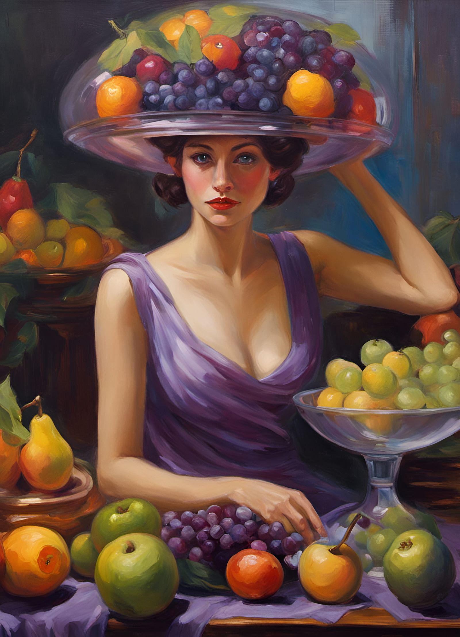 Pixie Balancing Fruit Bowl as Colorful Oil Painting