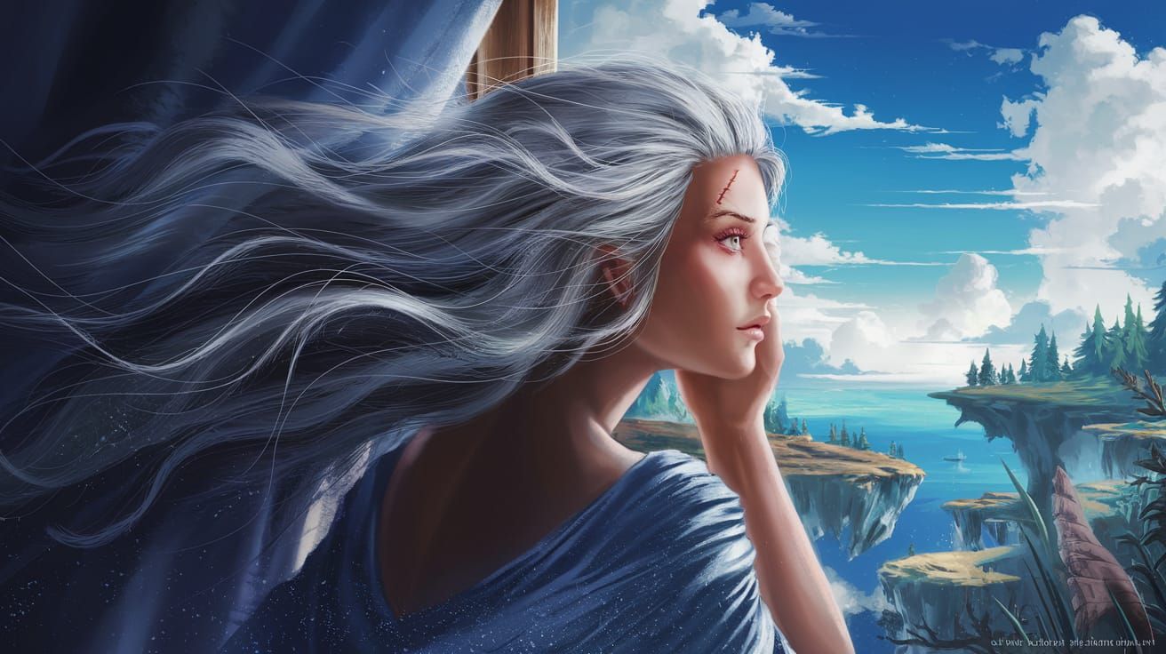 Fantasy Woman with Silver Hair Gazing at Horizon