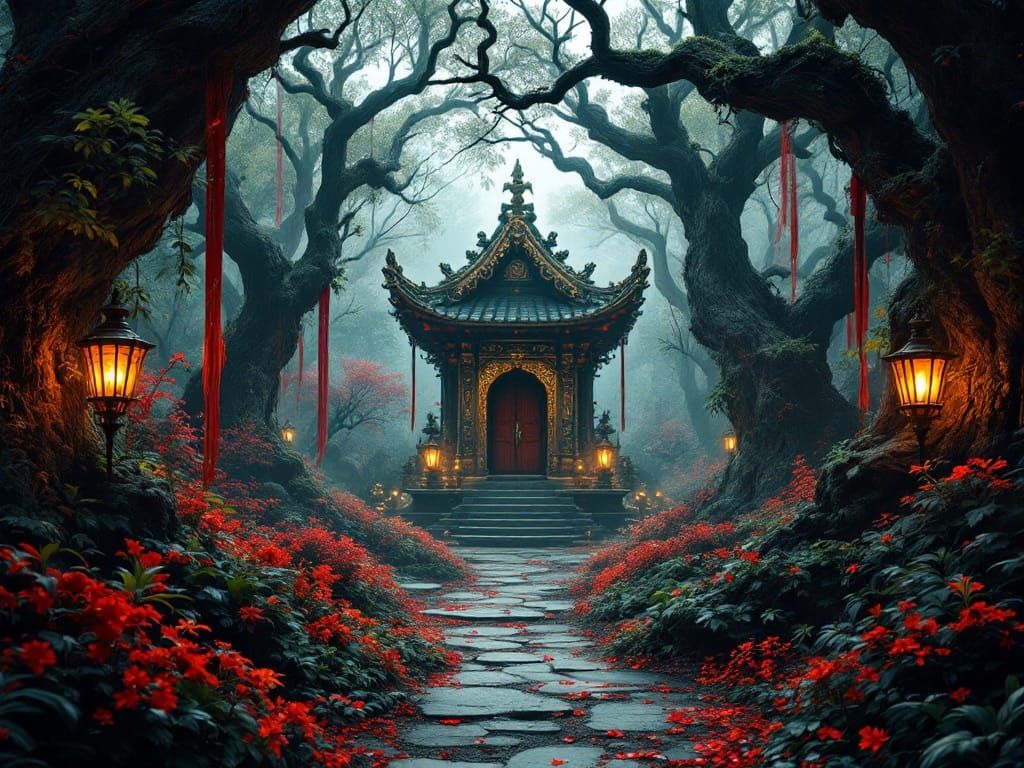 Mystical Ancient Forest Sanctuary with Shrine in High Contra...