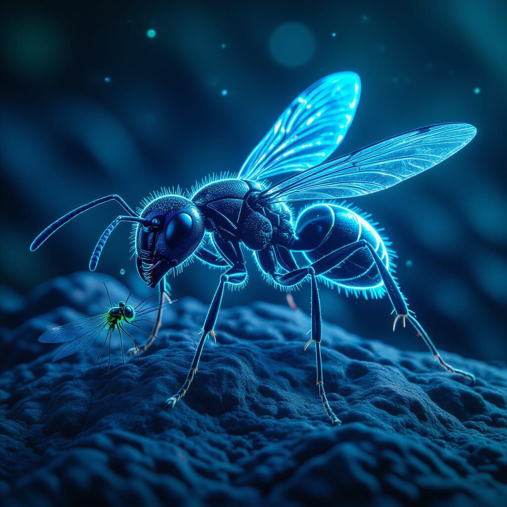 Giant Bioluminescent Ant with Dragonfly, Macro Photography