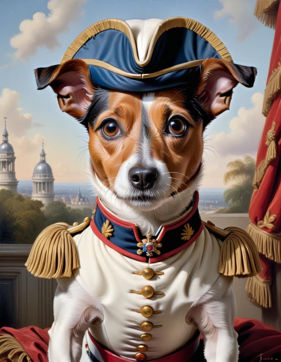 Jack Russell as Napoleon: Cartoon Oil Painting