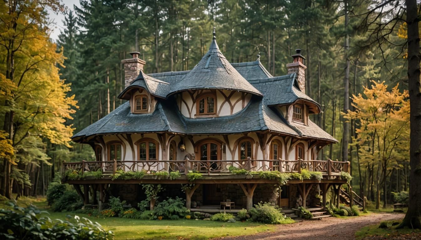 Quaint Cottage with Curvy Roof in Woods