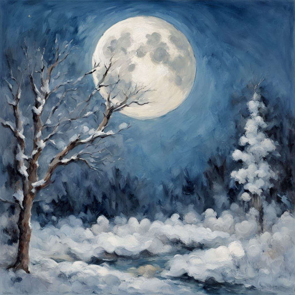 Impressionist Winter Landscape Under Ethereal Moonlight