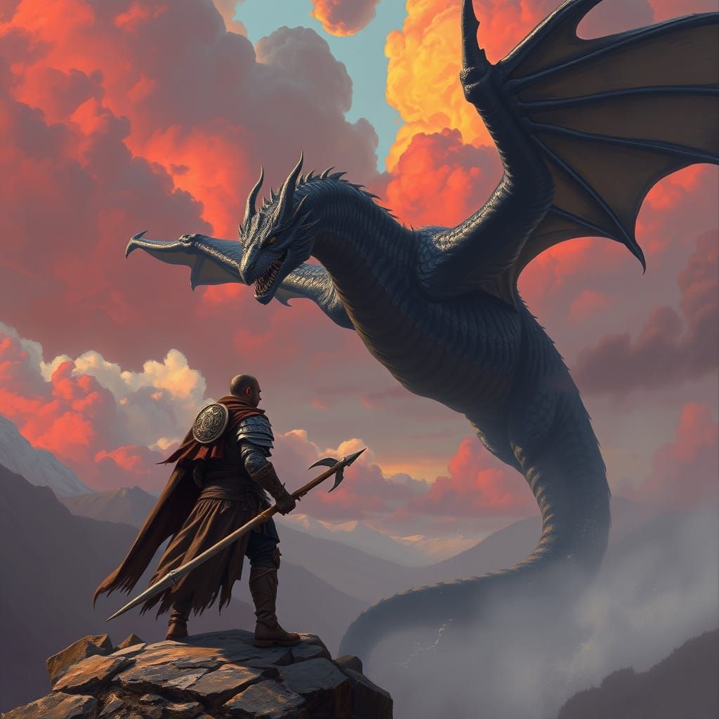 Mighty Drake Warrior Faces Fearsome Dragon in Epic Fantasy A...