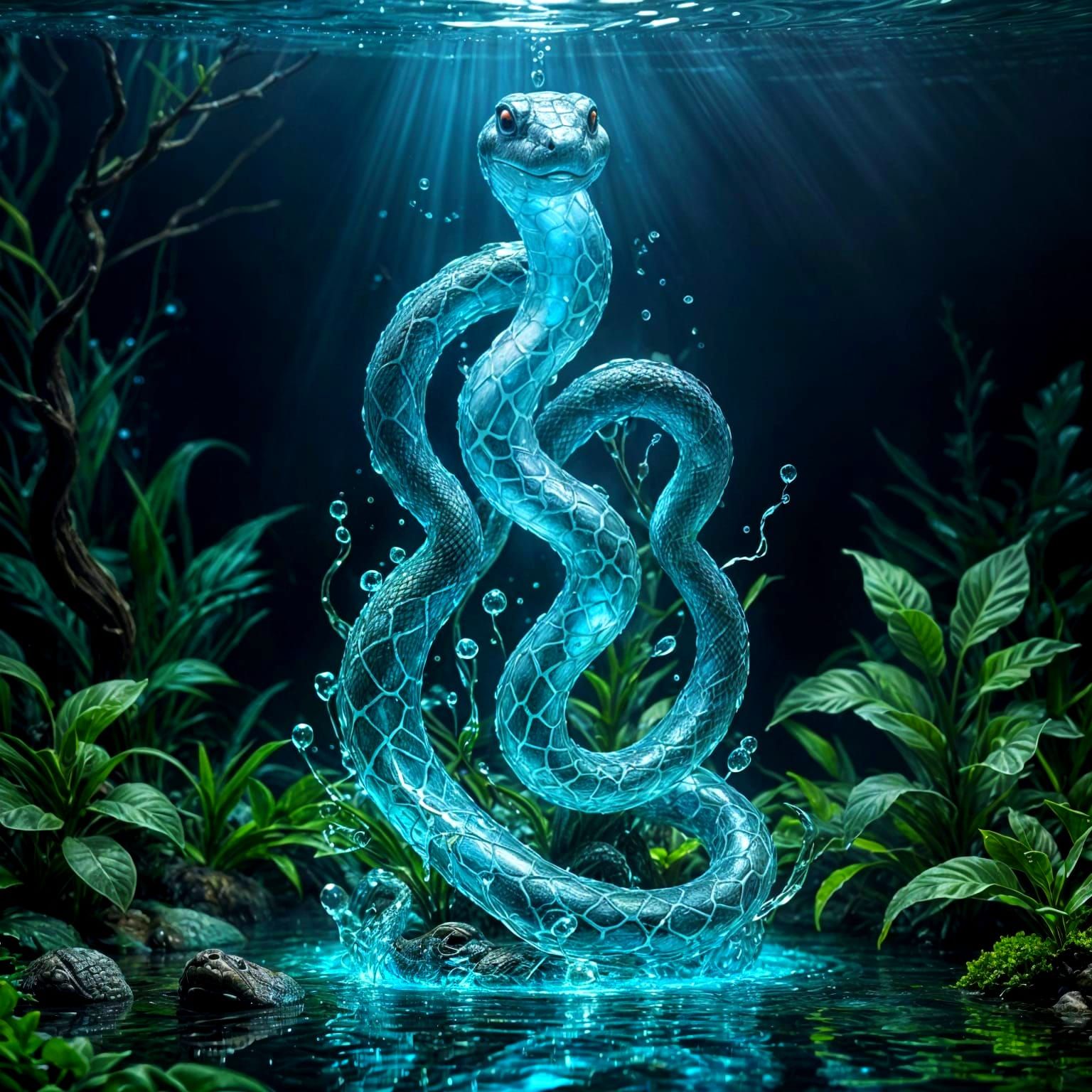 Glowing Water Snake Sculpture in Dreamlike Setting