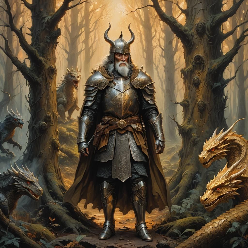 Fantasy Knight Triptych in Renaissance Style