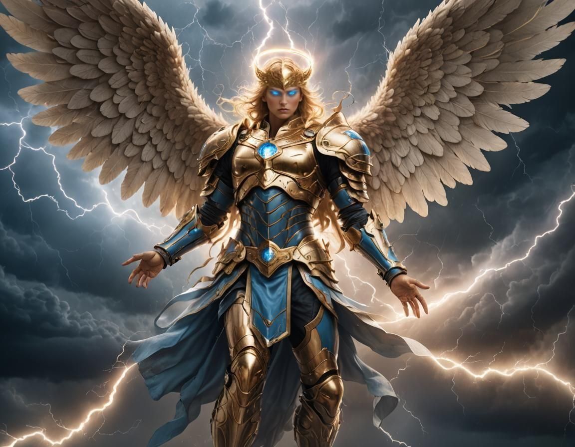 Majestic Angel Warrior in Storm with Lightning