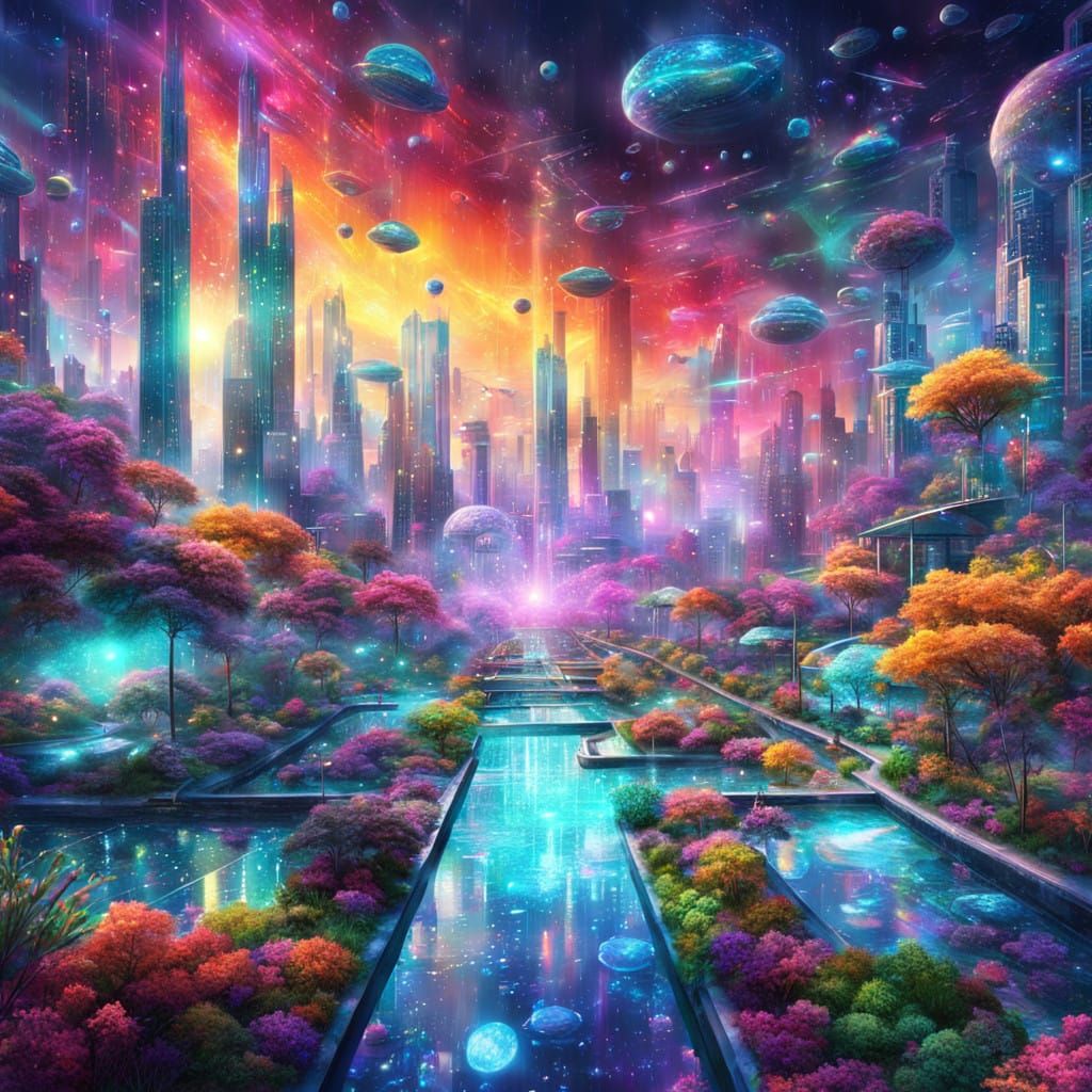 Vibrant Futuristic Cityscape Illuminated by Celestial Light