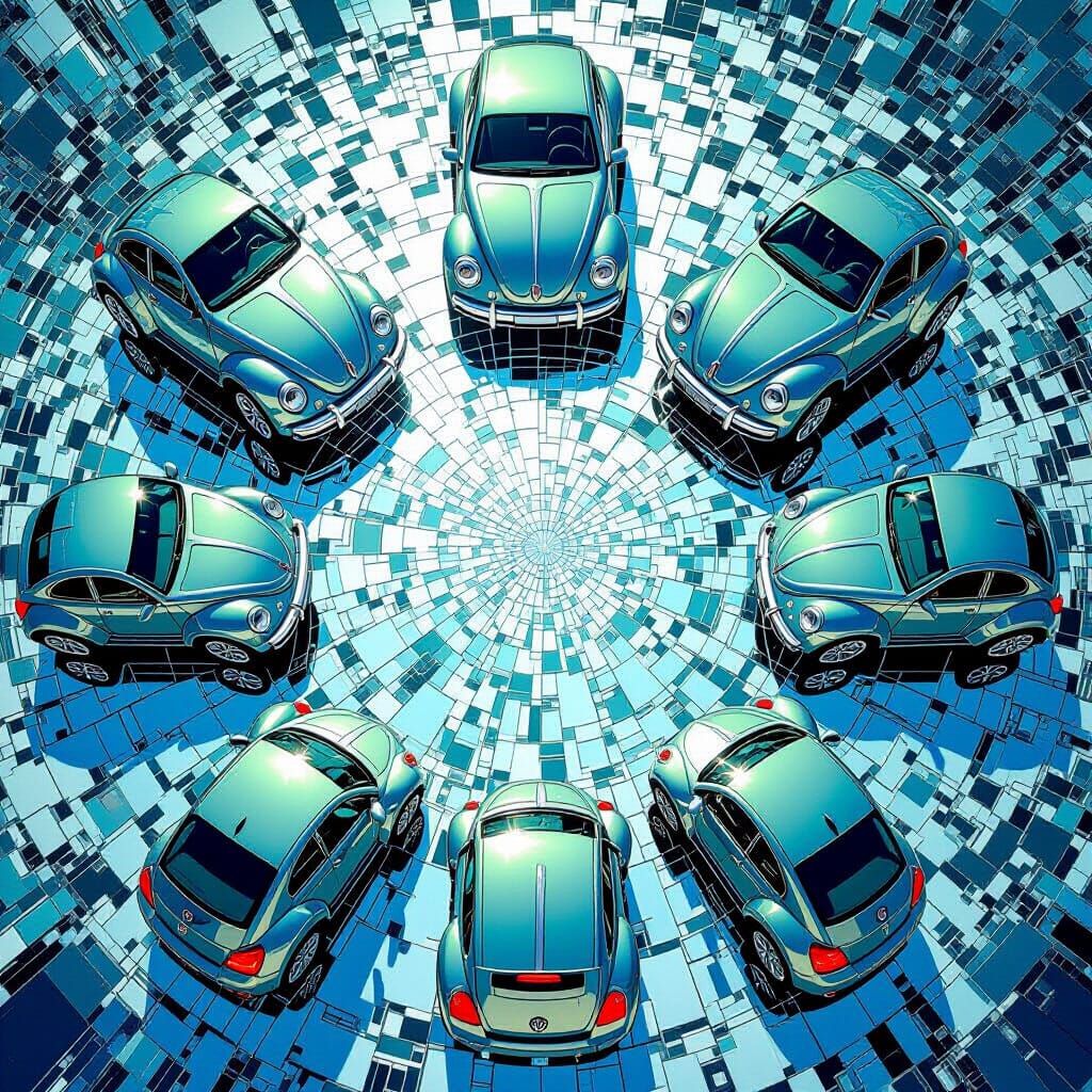 Glass VW Beetles in Mirrored Op Art