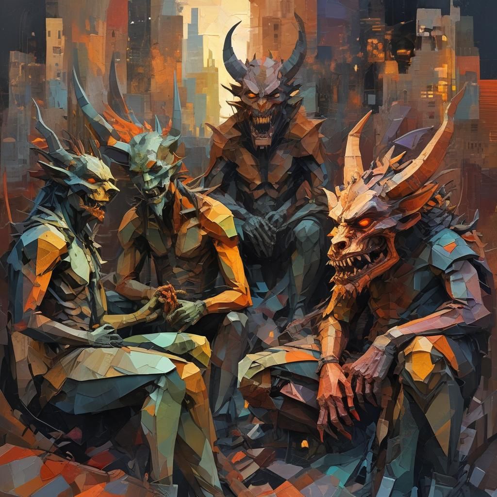 Demons as Friends in Mixed Media Style