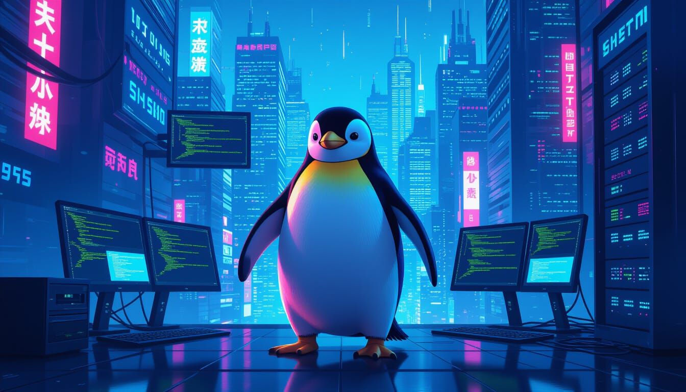 Victorious Linux Penguin in Cyberpunk Cityscape