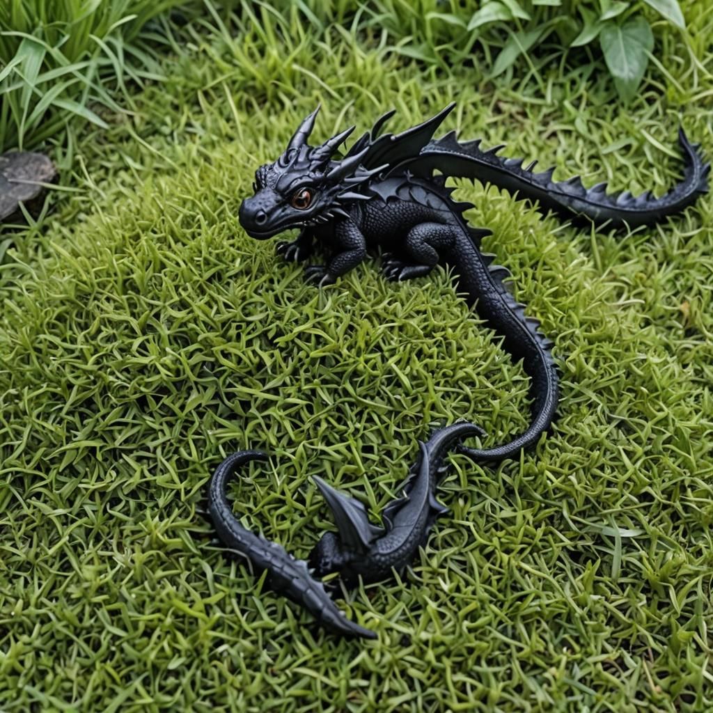Miniature Black Dragon Roosting on Grass