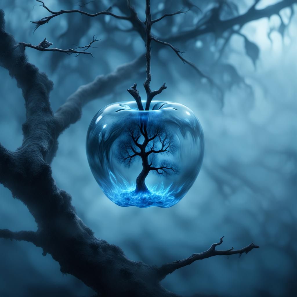 Glass Apple Ablaze Hanging from Misty Branch