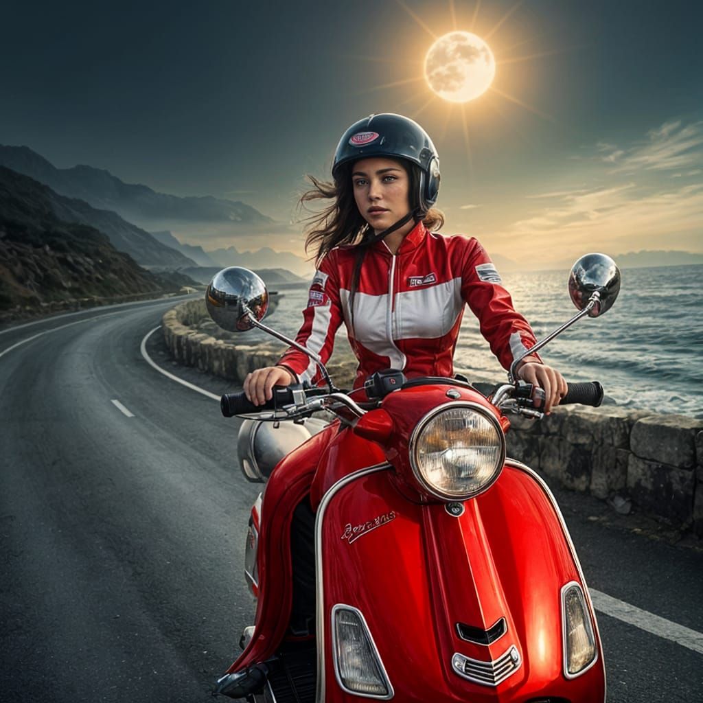 Woman Cruises Coastline on Red Lambretta Scooter Under Moonl...