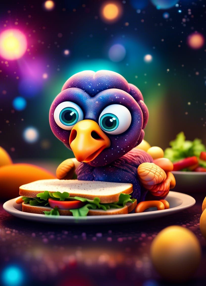 Cute cartoon turkey with googly eyes as a sandwich, 8k resolution holographic astral cosmic illustration mixed media by ...