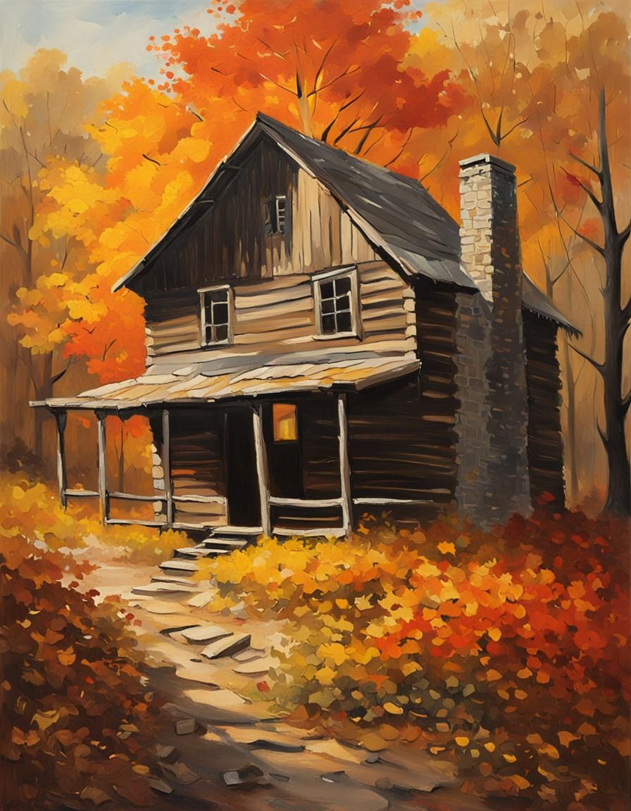 Autumn Cabin Oil Painting in Golden Light