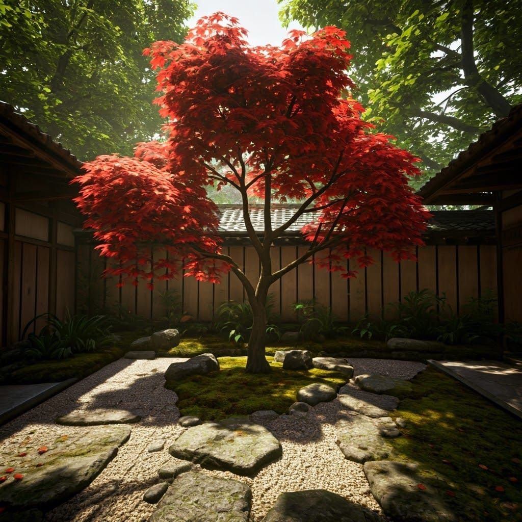 Crimson Japanese Maple in Serene Garden: Photorealistic 3D