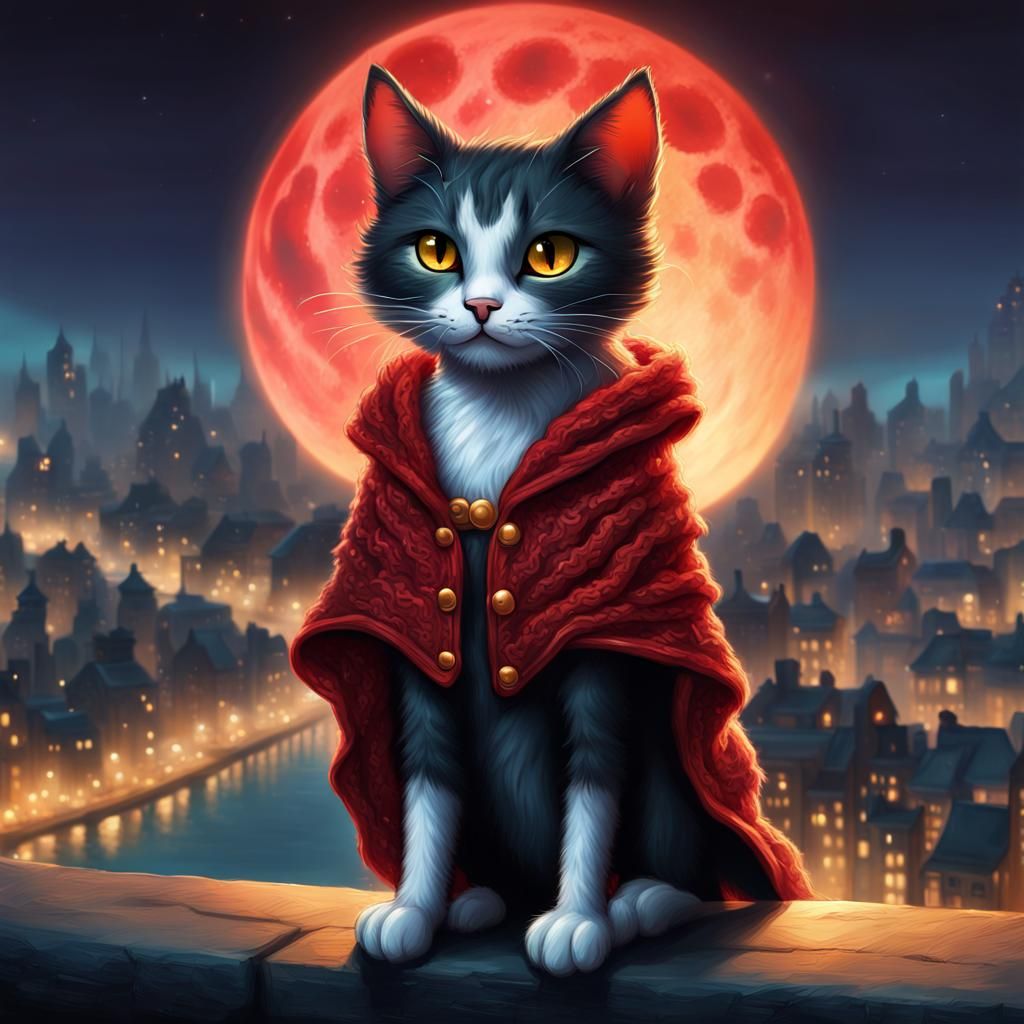 A cute magical cat crochet jacket, top view of city at dark nigth with a red glowing moon, fantasy art drawn by disney c...