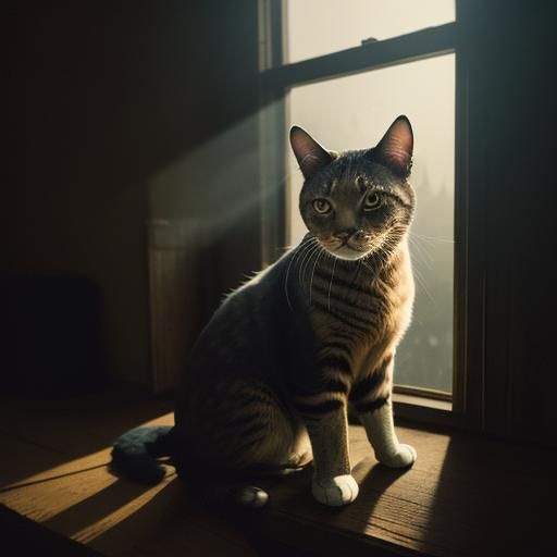 Cinematic Cat in Dusty Golden Attic