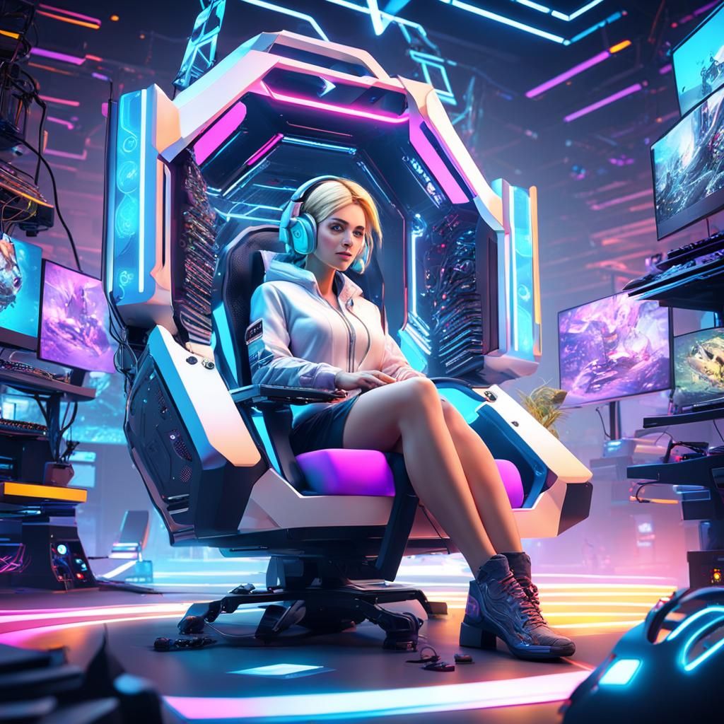 A beautiful blonde  girl seating on a cozy chair inside smar...