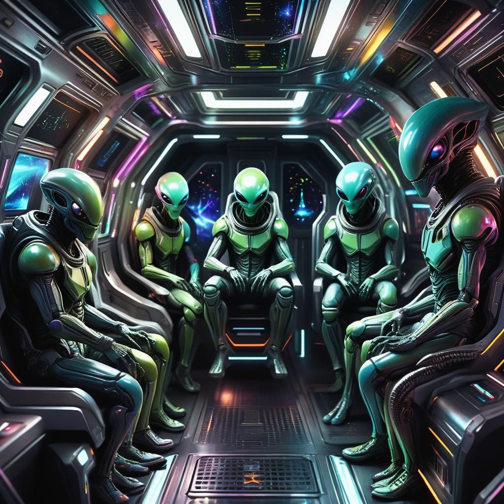 Alien Passengers in Spaceship Interior, Digital Art