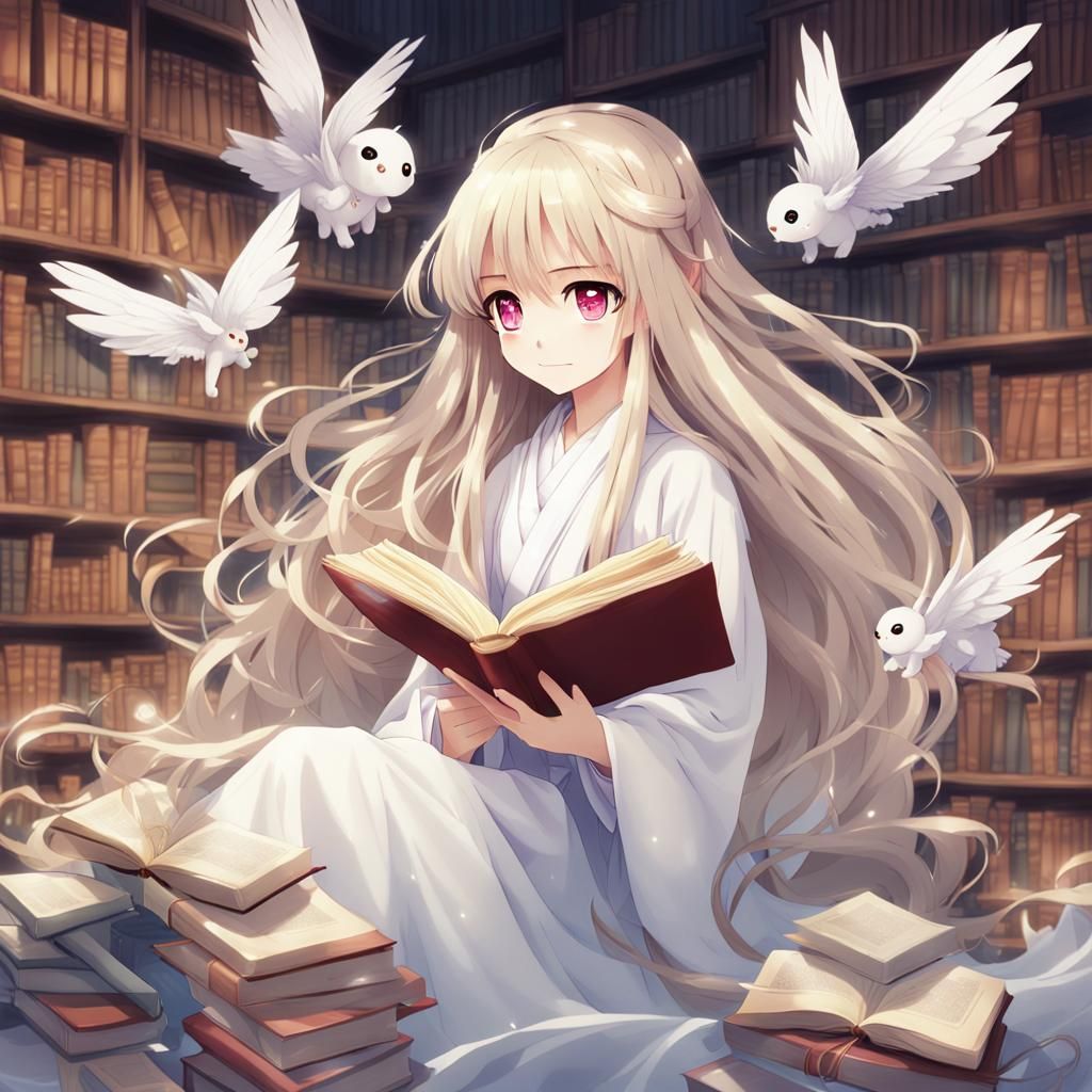 Anime Book Fairy with Silky Wings and Books