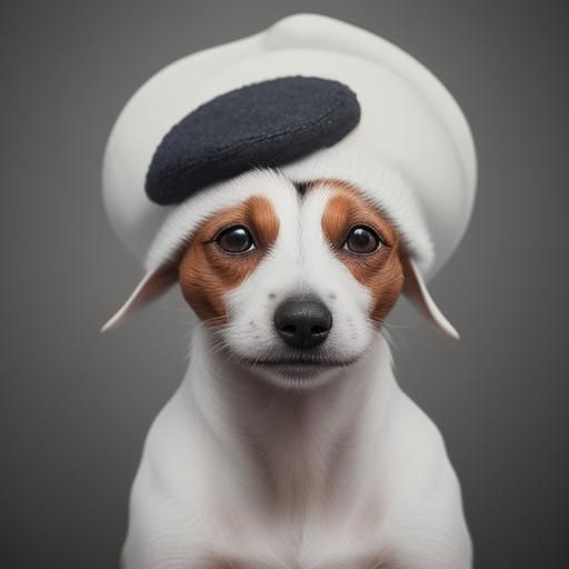 A jack russell terrier wearing a reborn puffy hat