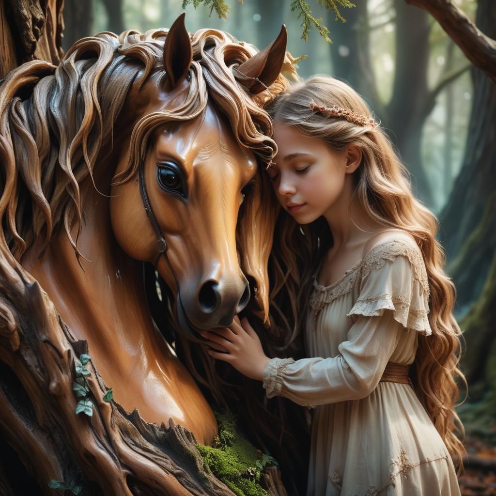 Girl Hugging Carved Horse Head in Enchanted Forest