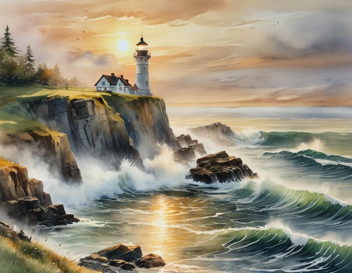 Lighthouse at Sunrise: a Watercolor Painting