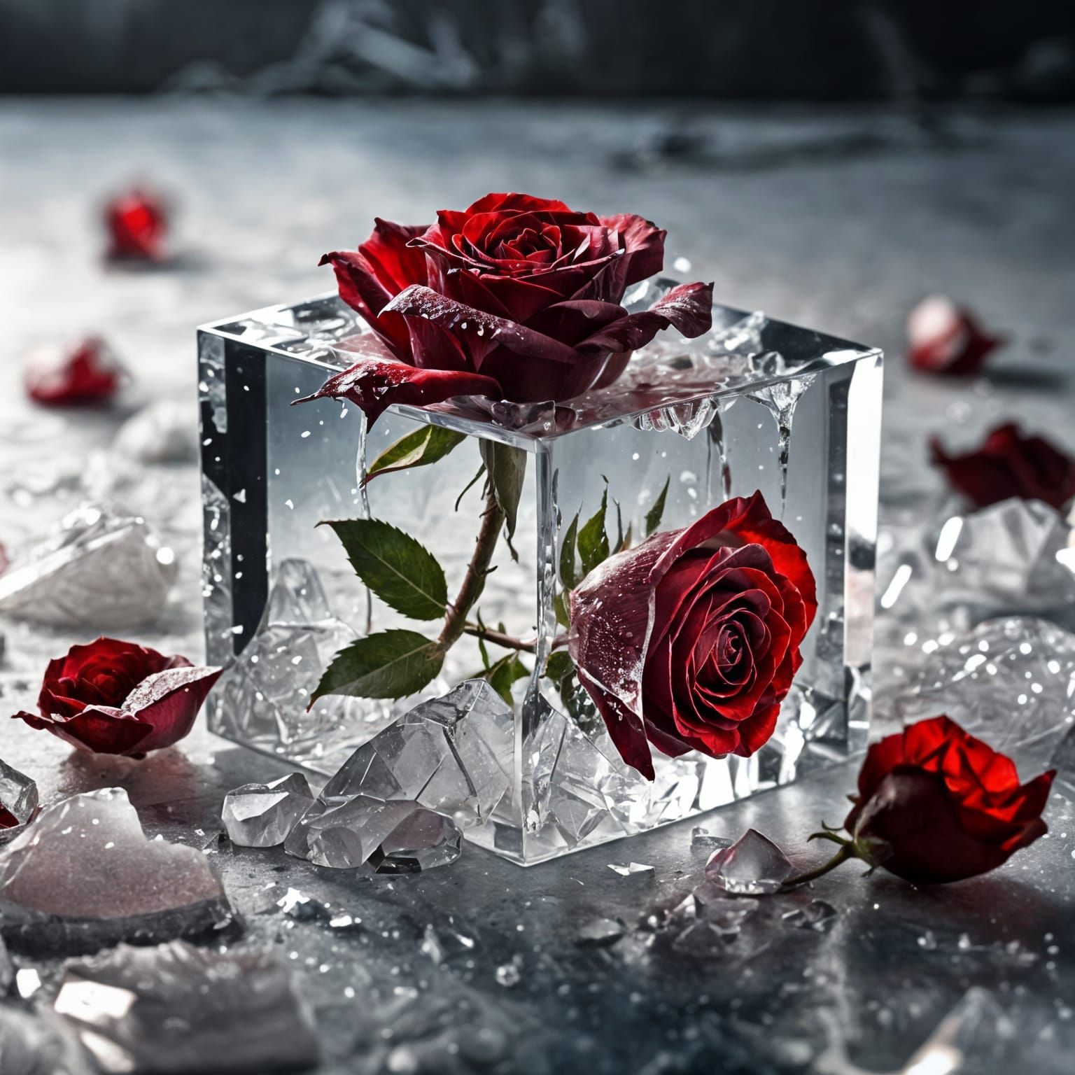 Red Rose Breaks Through Ice Cube