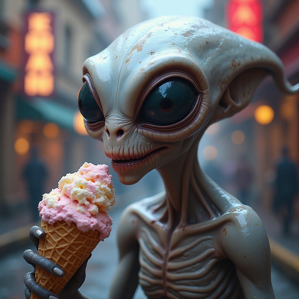Grey Alien Savoring a Cool Treat in Vibrant Surroundings