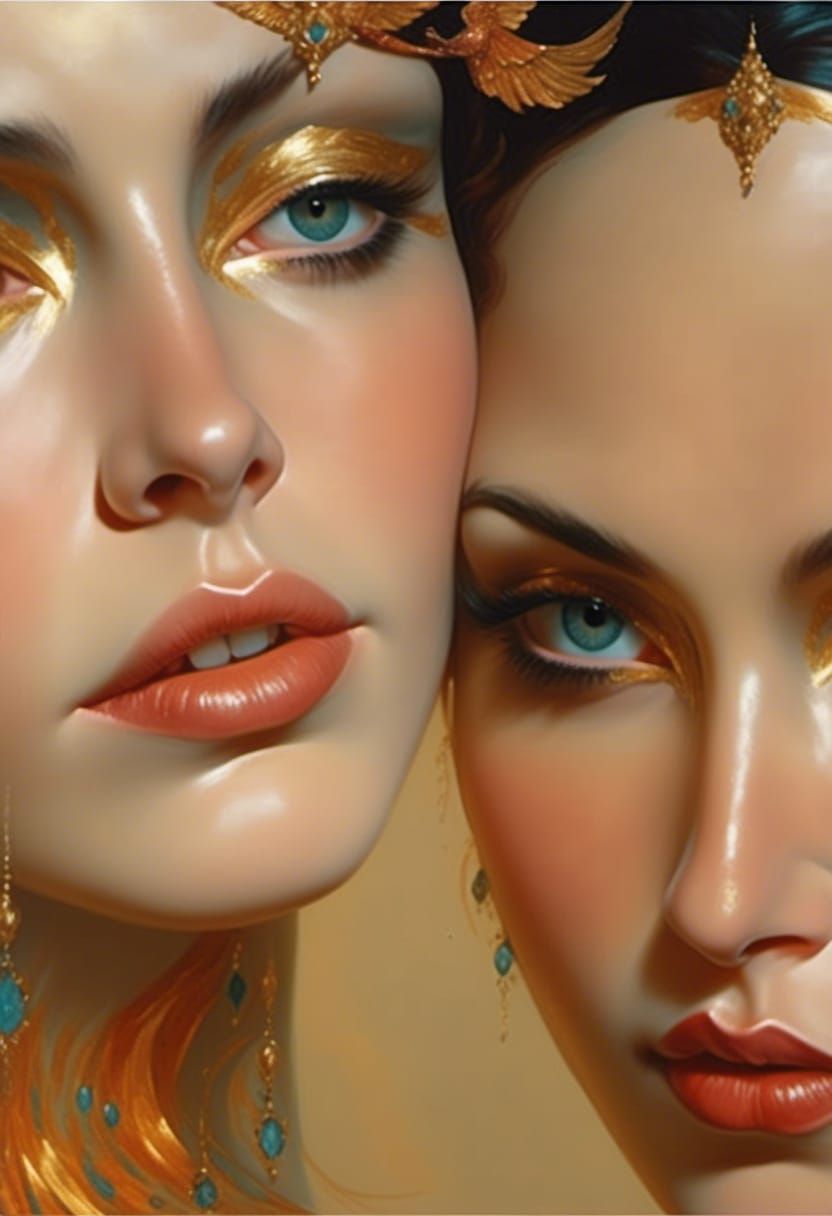 Two Greek Goddesses in Light Gold and Orange