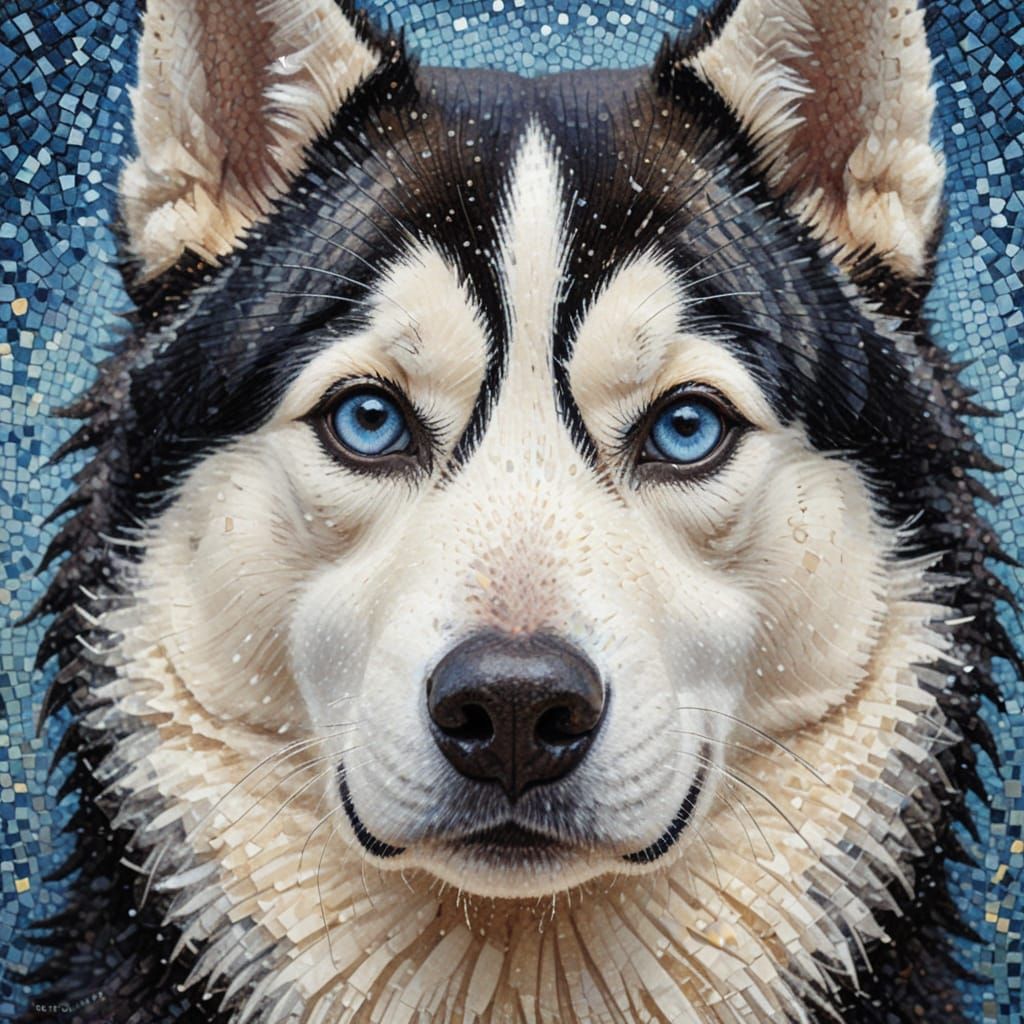 Siberian Husky Portrait in Pointillism Style