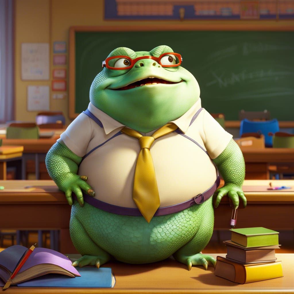 Chubby Lizard Teacher in Pixar Style Classroom