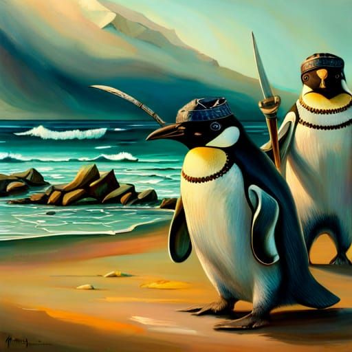 Penguin Pirates in Seascape, Photorealistic Australian Tonal...