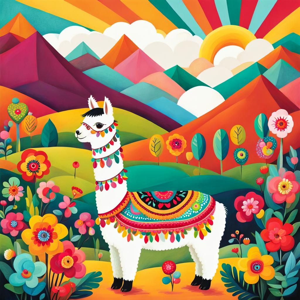 Happy Alpaca in Peruvian Village, Surrealist Portrait