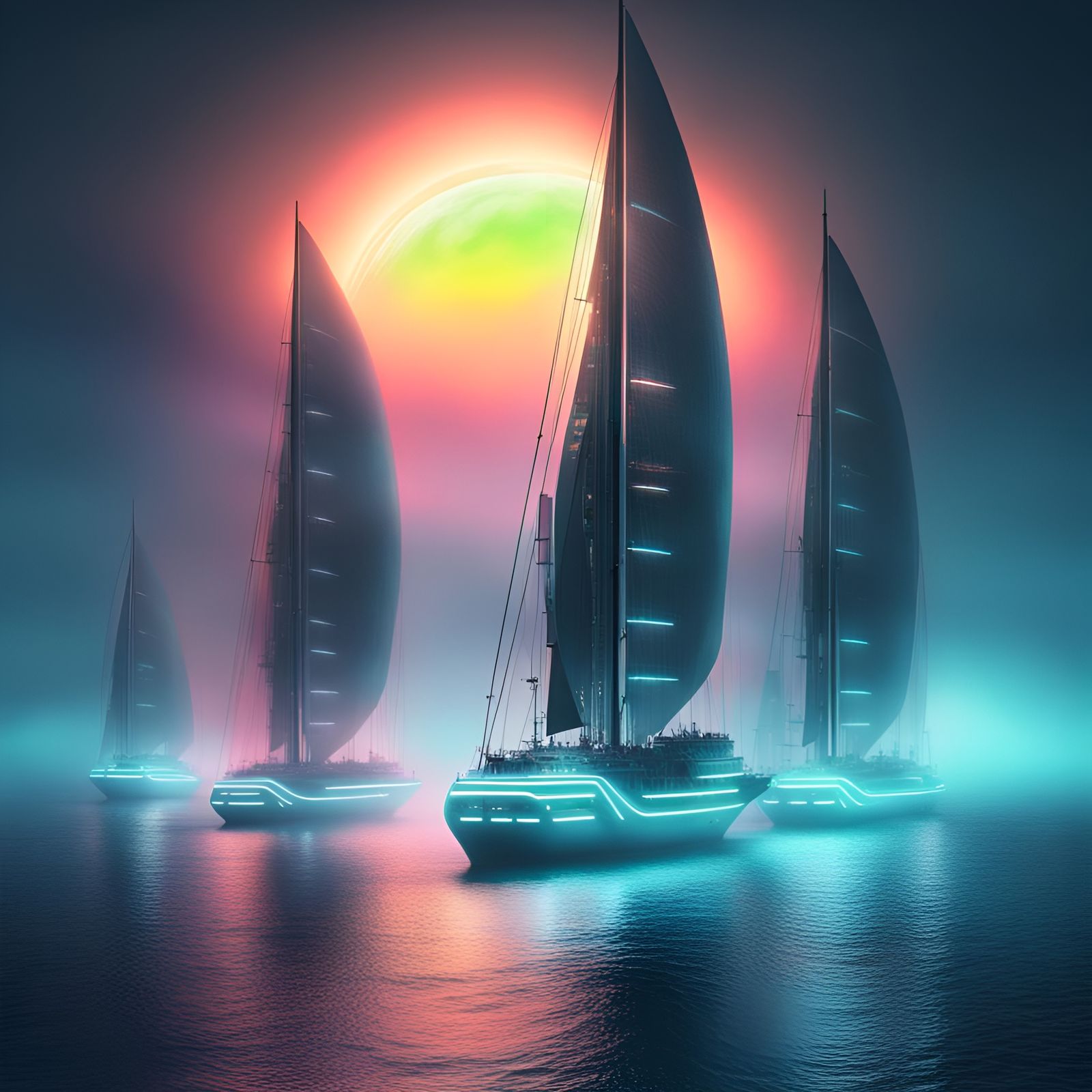 Neon Sailships Journey to Jupiter in Fog
