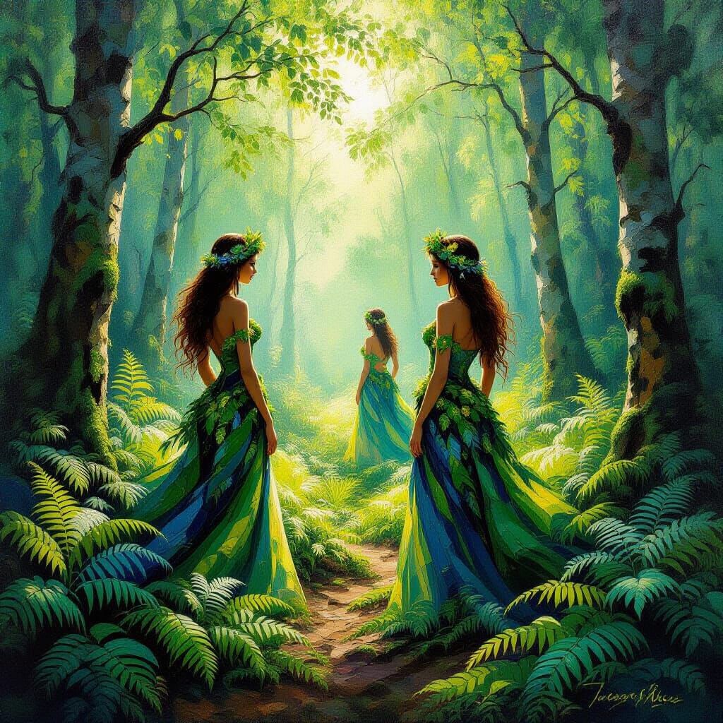 Ethereal Forest Goddesses in Neo-Impressionist Style