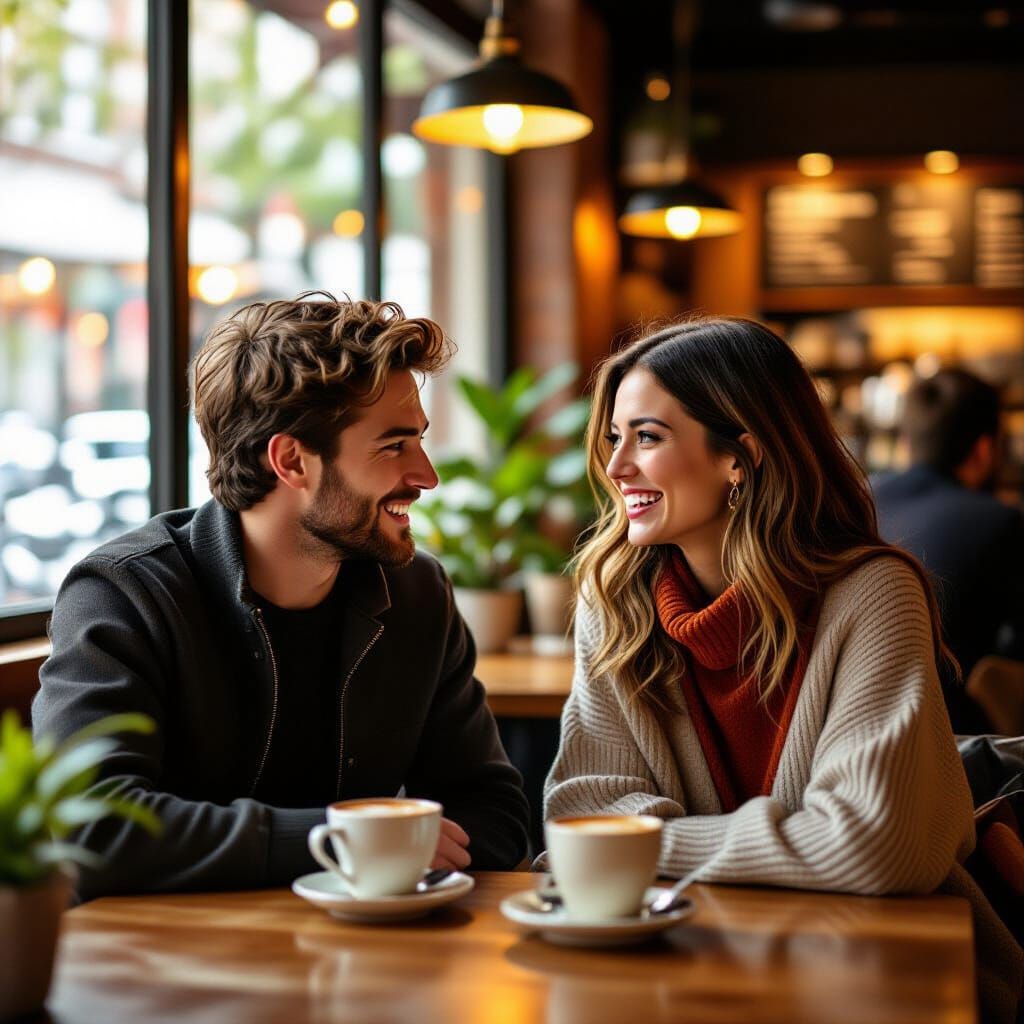 Photorealistic Coffee Shop Conversation in Warm Ambient Ligh...