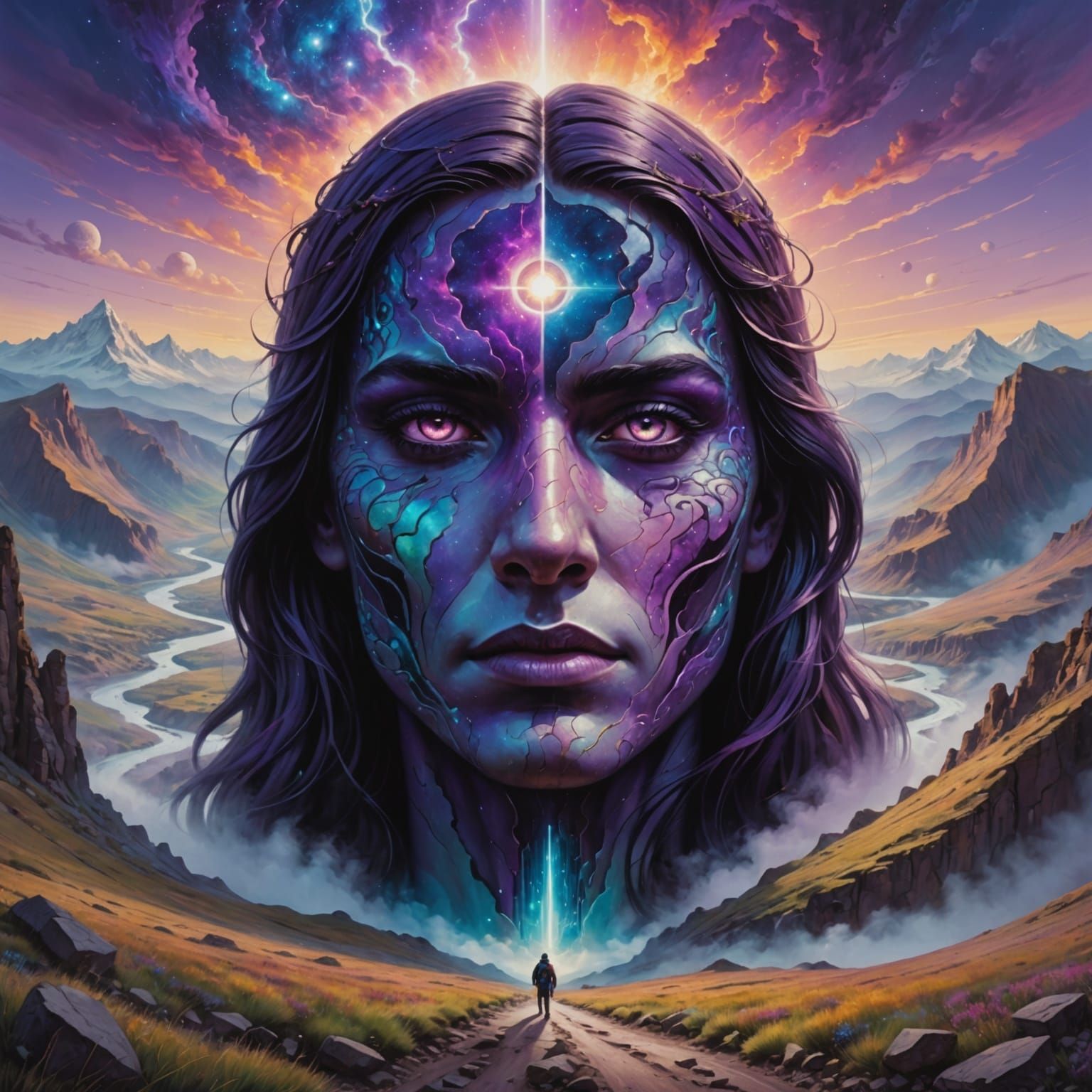 Cosmic Face Blends into Valley Landscape with Glowing Eyes