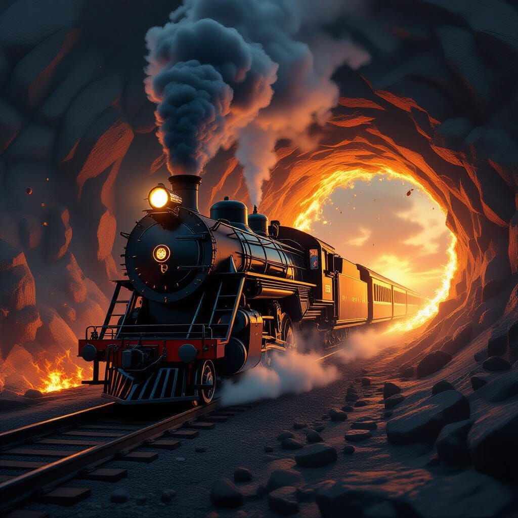 Obsidian Train Enters Fire Hole in Sci-Fi Dreamscape