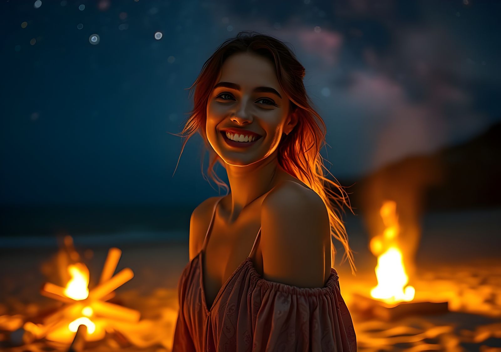 Brittany Beach Campfire Under Starry Sky