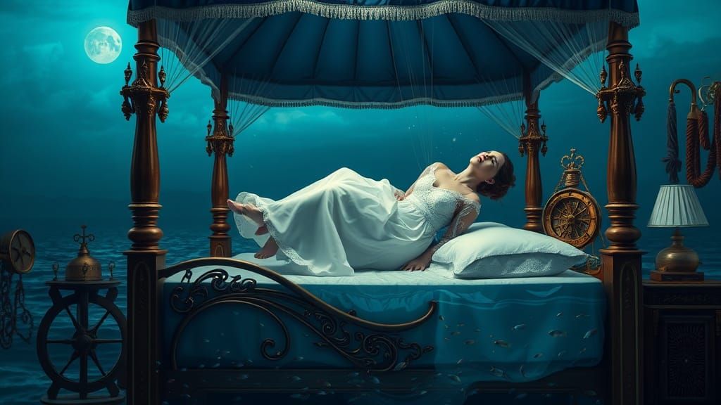 Dreamy Floating Woman in Underwater Bedroom