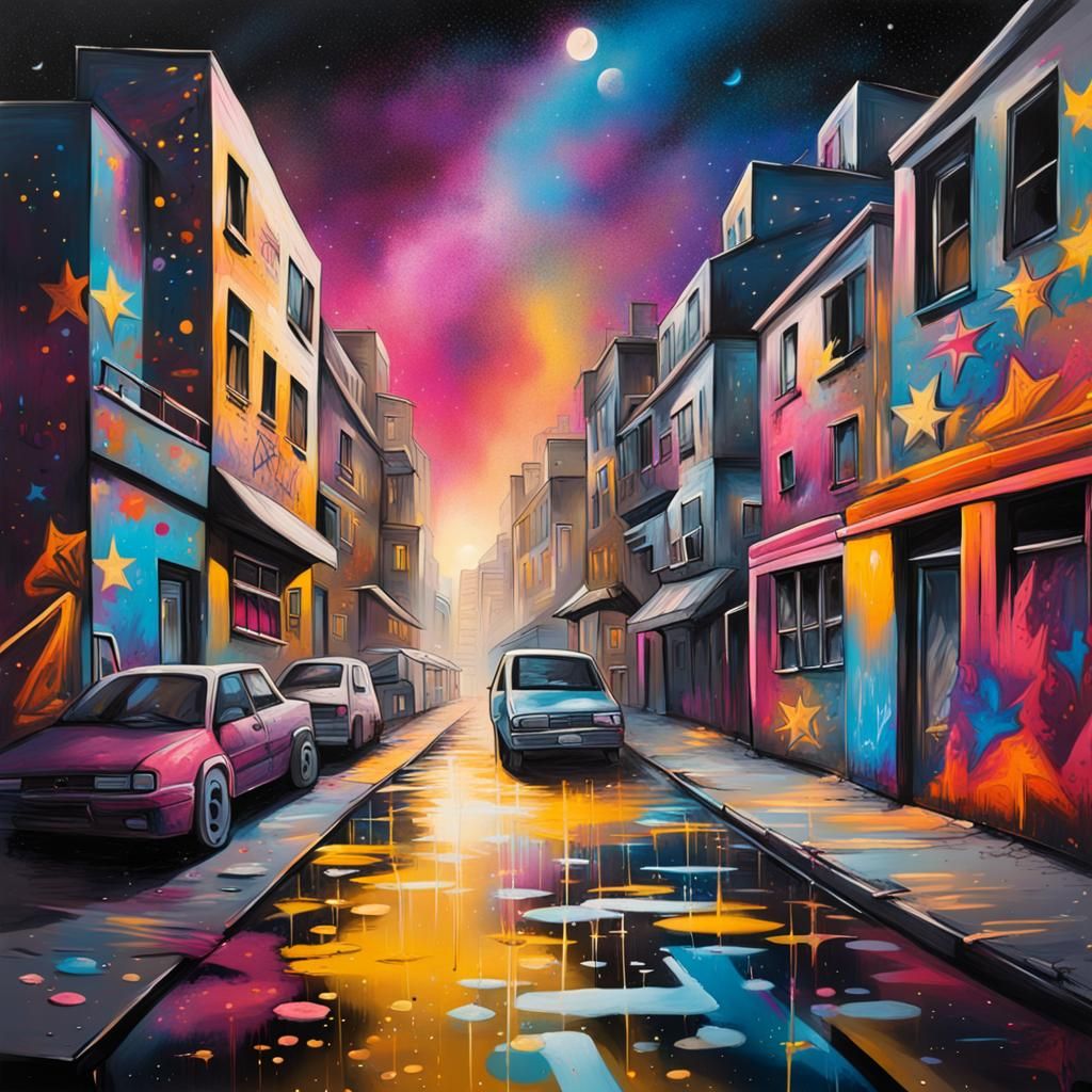 Colorful Starry Night in Graffiti Art Style