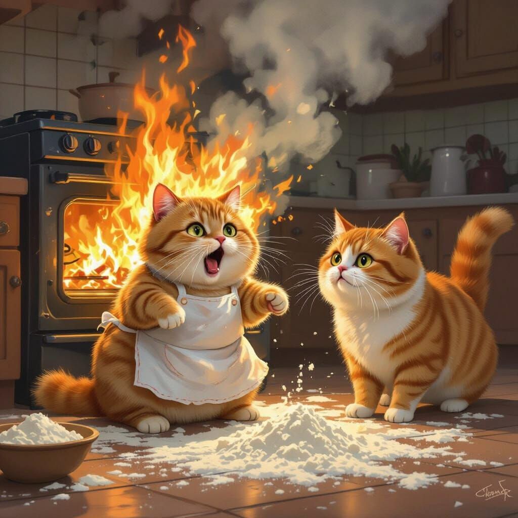 Tabby Cat Baking Mishap in Watercolor Style