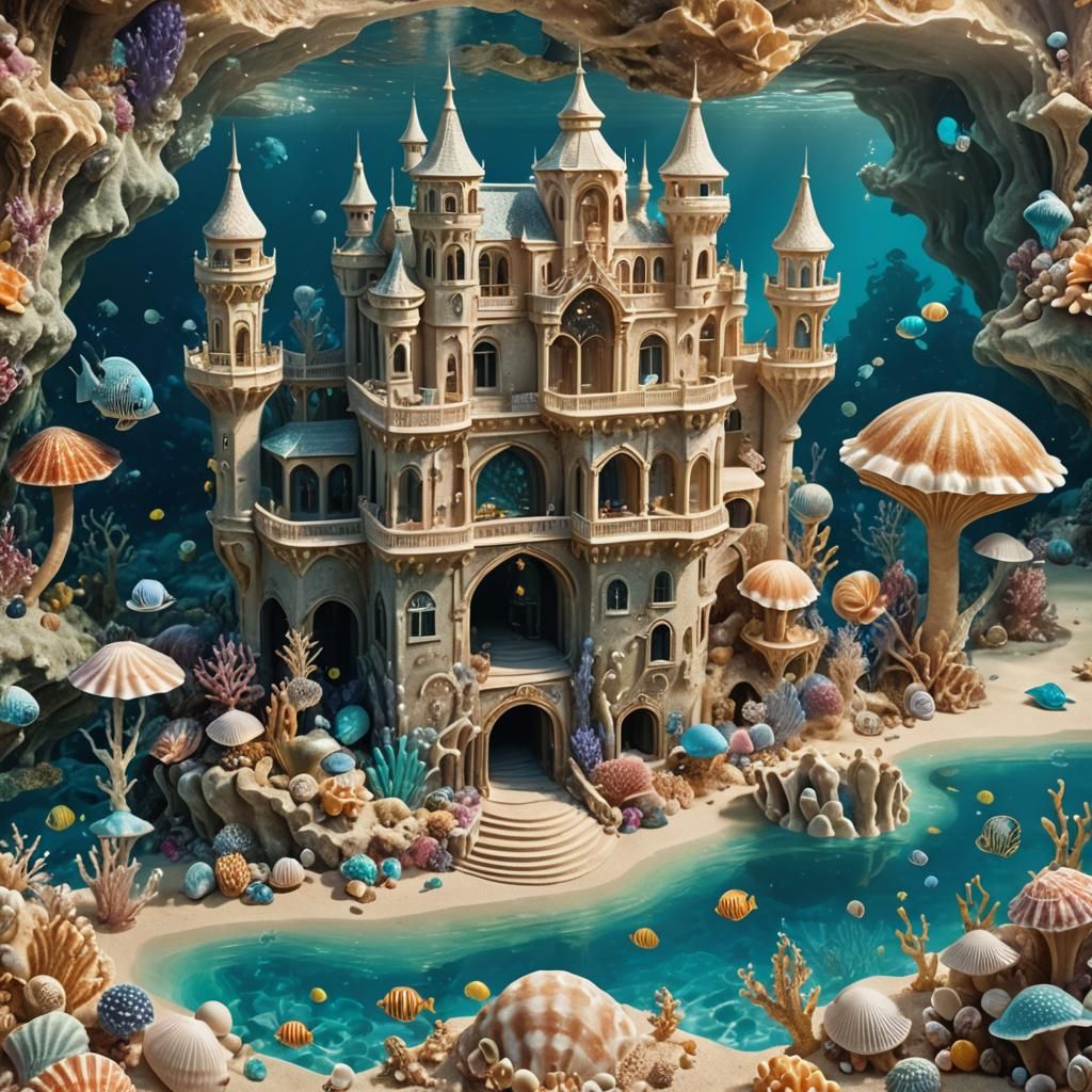 Underwater Palace of Sand and Jewels with Mermaids