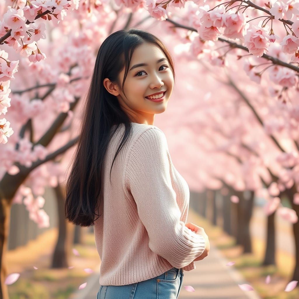 Serenely Beautiful Japanese Woman in Cherry Blossom Paradise